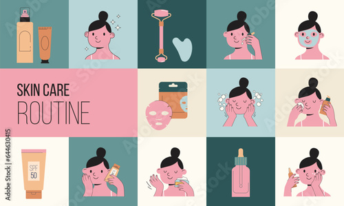 Skincare routine illustrations with cute girls. Cream, lotion, mask, eye cream and sunscreen bottles