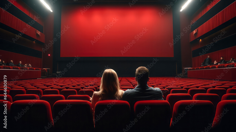 Empty cinema screen mockup, modern movie theater with people on red seats.