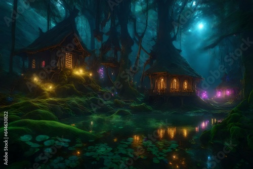 fantasy forest with fairytales and they house on the trees  glow  high detailed - AI Generative