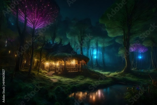 fantasy forest with fairytales and they house on the trees, glow, high detailed - AI Generative © Being Imaginative
