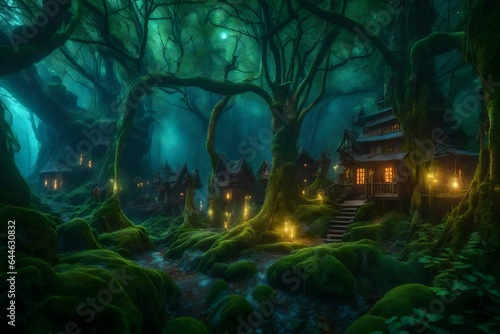 fantasy forest with fairytales and they house on the trees, glow, high detailed - AI Generative © Being Imaginative
