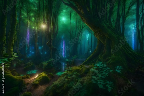 fantasy forest with fairytales and they house on the trees, glow, high detailed - AI Generative