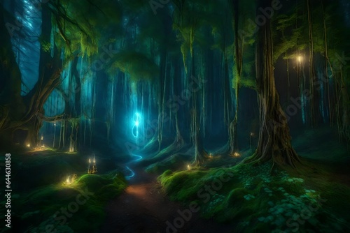 fantasy forest with fairytales and they house on the trees, glow, high detailed - AI Generative
