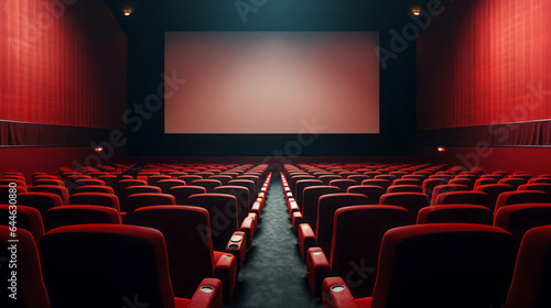 Empty cinema screen mockup, modern cinema with red seats.