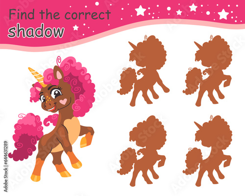 Find correct shadow curly unicorn with brown shadows vector