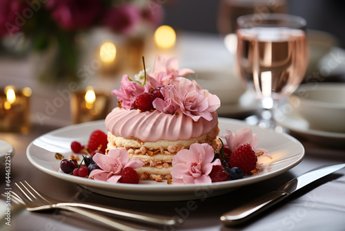 Sponge cake with fresh berries and pink flowers on a white plate