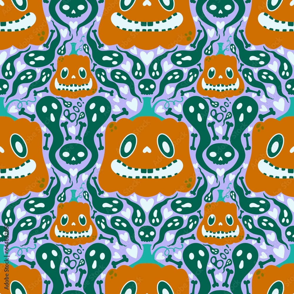 Halloween cartoon seamless pumpkins and ghost and skulls pattern for wrapping paper and fabrics and kids Halloween cartoon seamless pumpkins and ghost and skulls pattern for wrapping paper and fabrics and kids