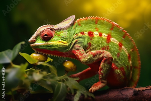 Lizard chameleon on green floral background