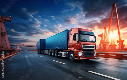 Container truck in ship port for business Logistics and transportation of Container Cargo ship and Cargo plane