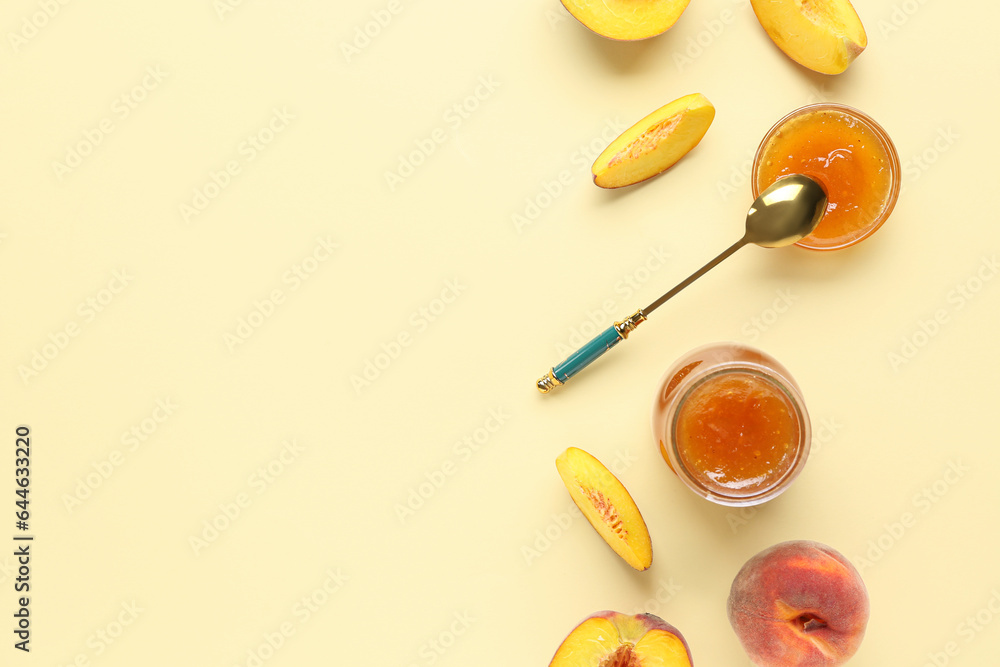 Composition with tasty peach jam and fresh fruits on color background Composition with tasty peach jam and fresh fruits on color background