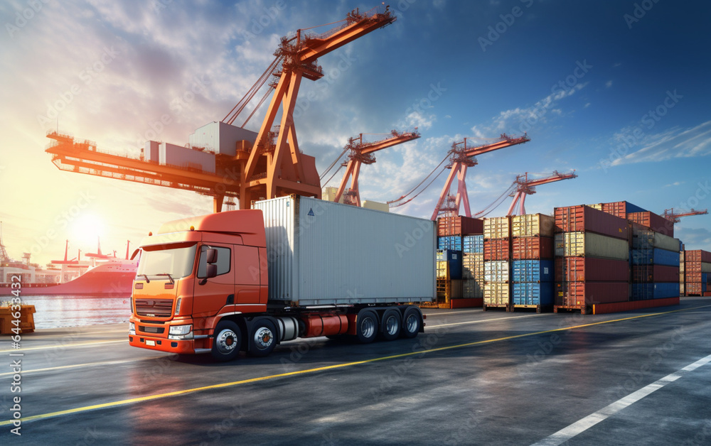 Container truck in ship port for business Logistics and transportation of Container Cargo ship and Cargo plane with working crane bridge in shipyard Container truck in ship port for business Logistics and transportation of Container Cargo ship and Cargo plane with working crane bridge in shipyard