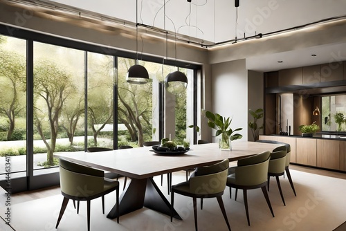 An elegant dining room in a contemporary home, with a long, polished table and large windows framing a verdant garden 