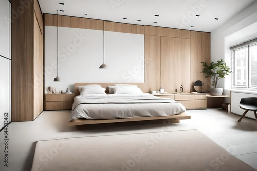 A minimalist bedroom in a contemporary residence, adorned with neutral tones and crisp, clean lines  © Fahad