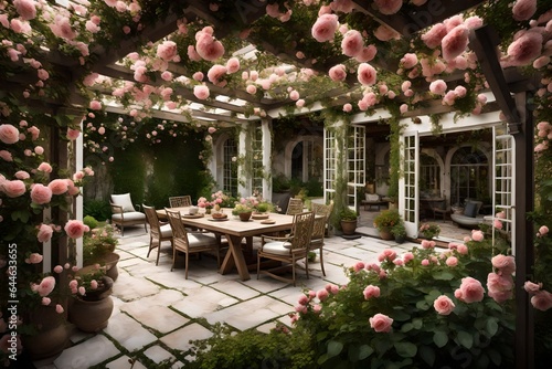 A tranquil backyard of a traditional home, featuring a pergola-covered patio surrounded by blossoming roses and climbing vines  © Fahad