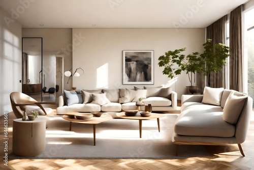 An inviting contemporary living room  bathed in soft morning light  with comfortable furnishings and minimalist decor 