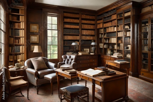A serene traditional study bathed in soft morning light, with antique furniture and leather-bound books creating an inviting atmosphere 