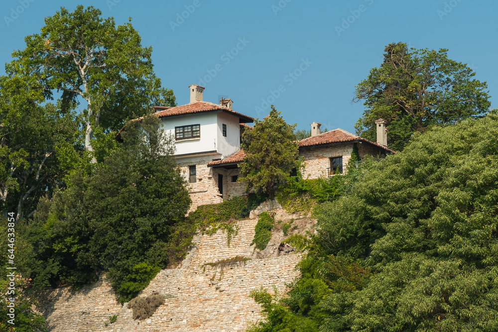 A Beautiful Black Sea Landscape of Two Houses Hidden by Trees and Surrounded by a High Fortification Wall