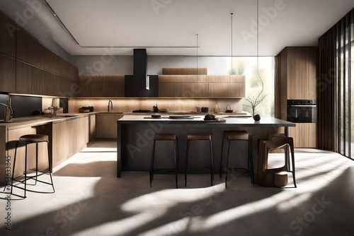 The play of shadows and light on the sleek surfaces of a modern kitchen, creating a dynamic and inviting atmosphere 