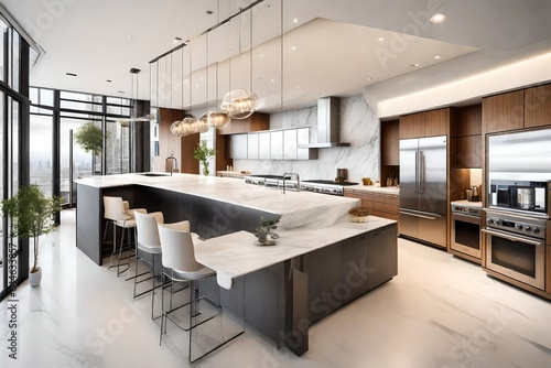 An open-concept kitchen with state-of-the-art appliances and a marble island 