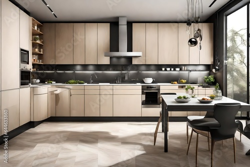 The geometric design of a modern kitchen, with glossy surfaces and innovative appliances 