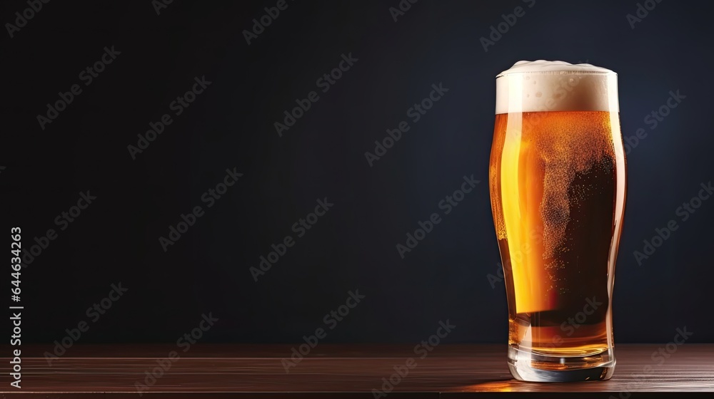 Glass of foamy beer. Background with copy space