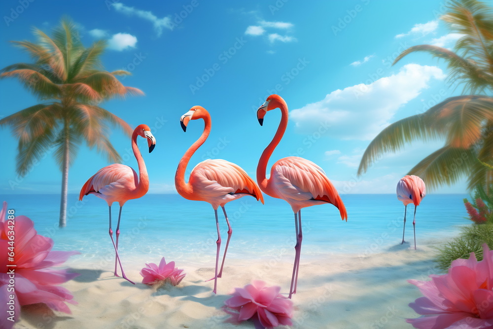 Fototapeta premium Flamingos standing in the water in a fancy world with palm trees