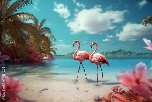 Flamingos standing in the water in a fancy world with palm trees