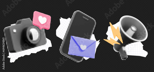 Trendy sticker set with contemporary elements. Halftone phone with envelope, camera with like and megaphone. Vector retro illustration. Vintage pop art composition. Cutout magazine shapes