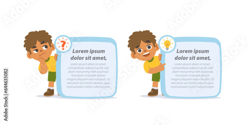 black boy character cartoon design with question and idea text box frame for message illustration vector. Education concept.