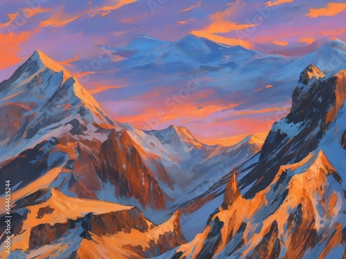 Beautiful illustration of mountain peaks under the setting sun. Watercolor image, snowy mountains.