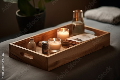  Spa treatment and relax aromatherapy in a tray in a room for luxury or wellness on wooden tray. Health and massage, candle, skincare, spa or relaxation concept.