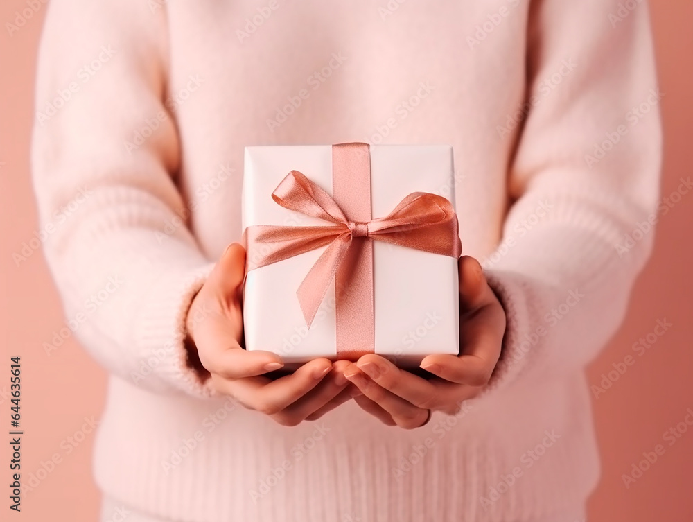 Close-up of unrecognizable woman holding a gift box in her hands. copy space. concept of christmas, holiday, birthday, gift. Close-up of unrecognizable woman holding a gift box in her hands. copy space. concept of christmas, holiday, birthday, gift.