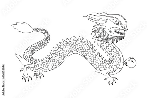 Black and White Chinese Red Dragon hand drawn colouring page. Vector