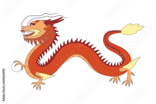 Hand drawn Traditional Chinese Red Dragon in cartoon style isolated on white background. Vector