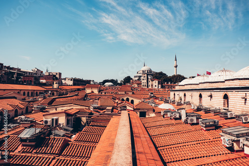 The roof of the historical covered bazaar and the mosque in Ottoman architecture. Istanbul's historical mosque and grand bazaar. Ottoman architecture roofs.