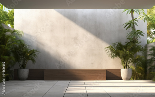 Empty exterior concrete wall with tropical style garden 3d render  decorate with tropical style tree  sunlight on the wall