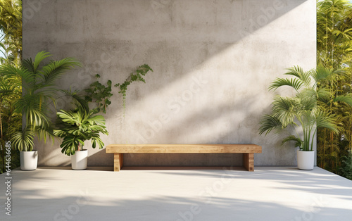 Empty exterior concrete wall with tropical style garden 3d render, decorate with tropical style tree, sunlight on the wall © MUS_GRAPHIC