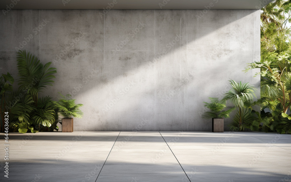 Empty exterior concrete wall with tropical style garden 3d render, decorate with tropical style tree, sunlight on the wall Empty exterior concrete wall with tropical style garden 3d render, decorate with tropical style tree, sunlight on the wall