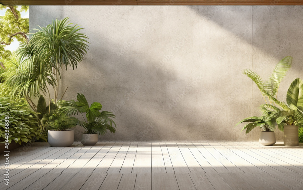 Empty exterior concrete wall with tropical style garden 3d render, decorate with tropical style tree, sunlight on the wall Empty exterior concrete wall with tropical style garden 3d render, decorate with tropical style tree, sunlight on the wall