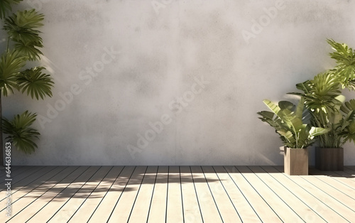Empty exterior concrete wall with tropical style garden 3d render, decorate with tropical style tree, sunlight on the wall © MUS_GRAPHIC