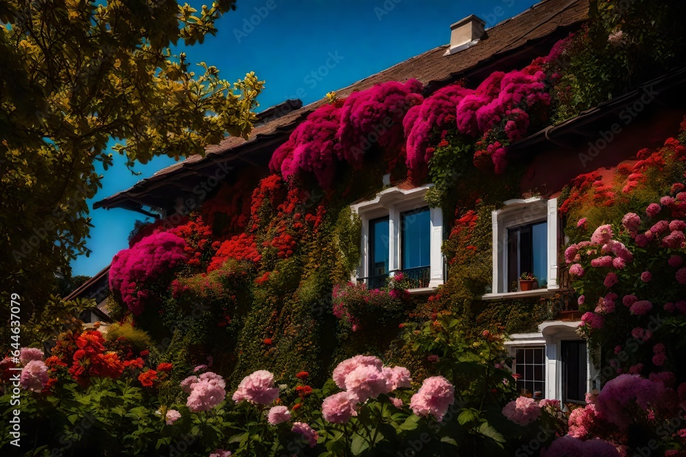 An enchanting view of a duplex's exterior, framed by vibrant flowers and a clear blue sky 