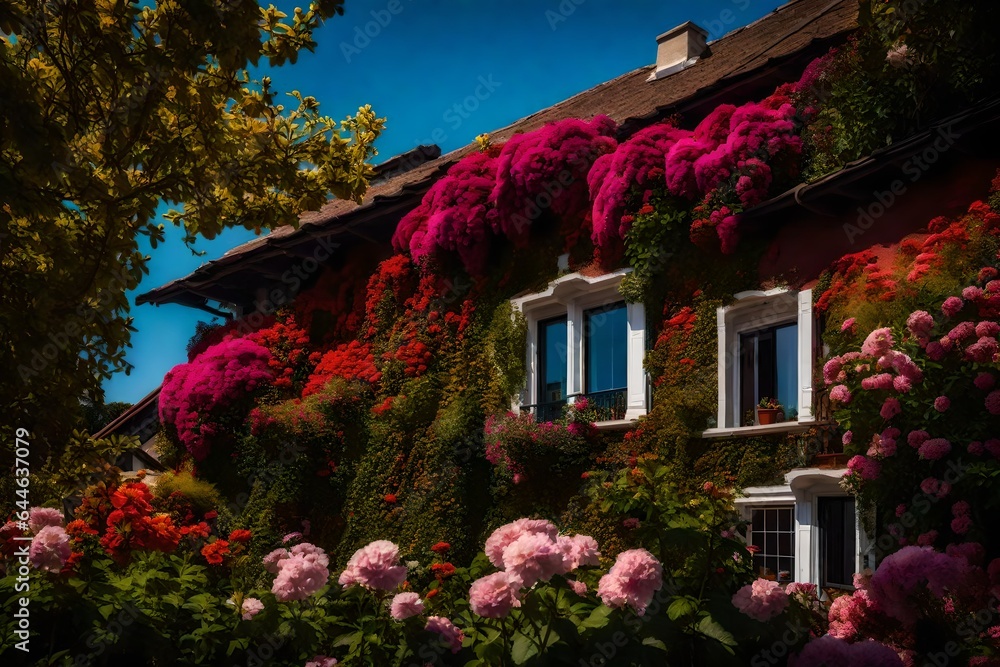 Fototapeta premium An enchanting view of a duplex's exterior, framed by vibrant flowers and a clear blue sky 