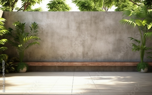 Fototapeta Naklejka Na Ścianę i Meble -  Empty exterior concrete wall with tropical style garden 3d render, decorate with tropical style tree, sunlight on the wall