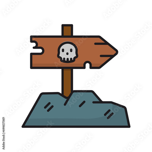 wooden signboard icon with skull symbol,halowen party,isolated on white background.