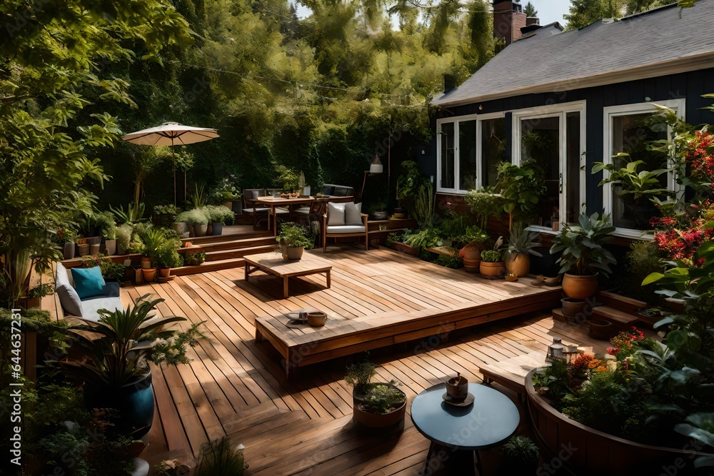 Fototapeta premium A duplex's backyard oasis, complete with a wooden deck and a lush garden