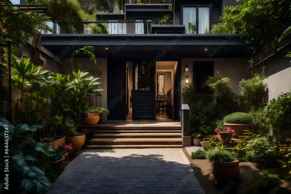 The inviting entrance of a duplex, with a charming pathway and well-tended landscaping 