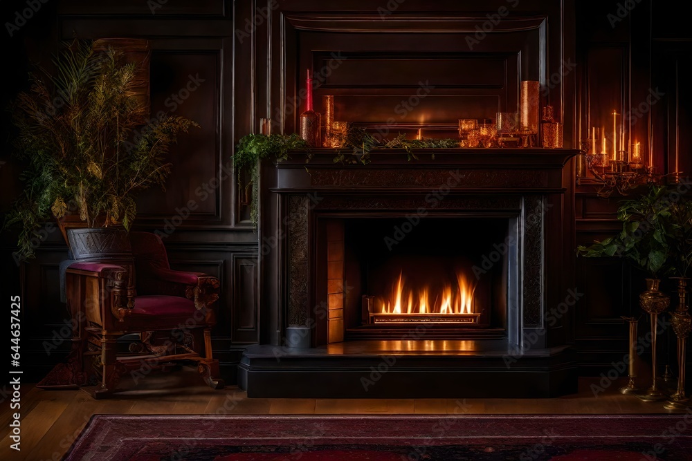 The artistic details of a duplex's fireplace, with a mantel adorned with unique decor 