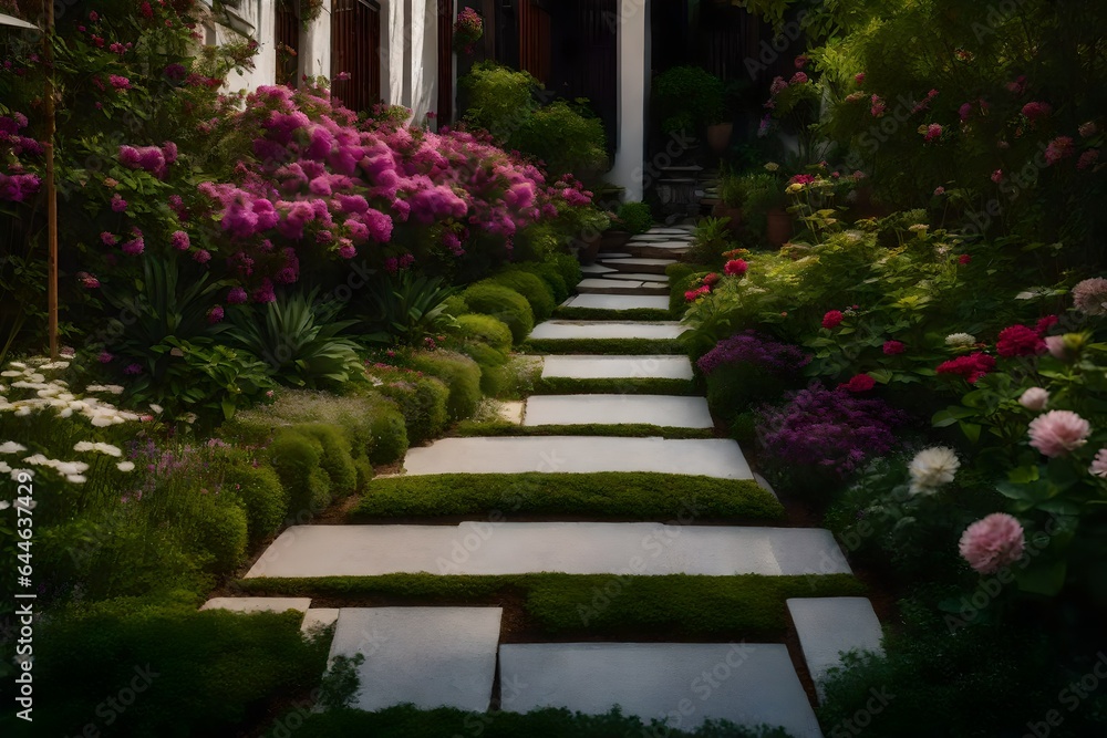 The tranquility of a townhouse's garden path, lined with stepping stones and blooming flowers 