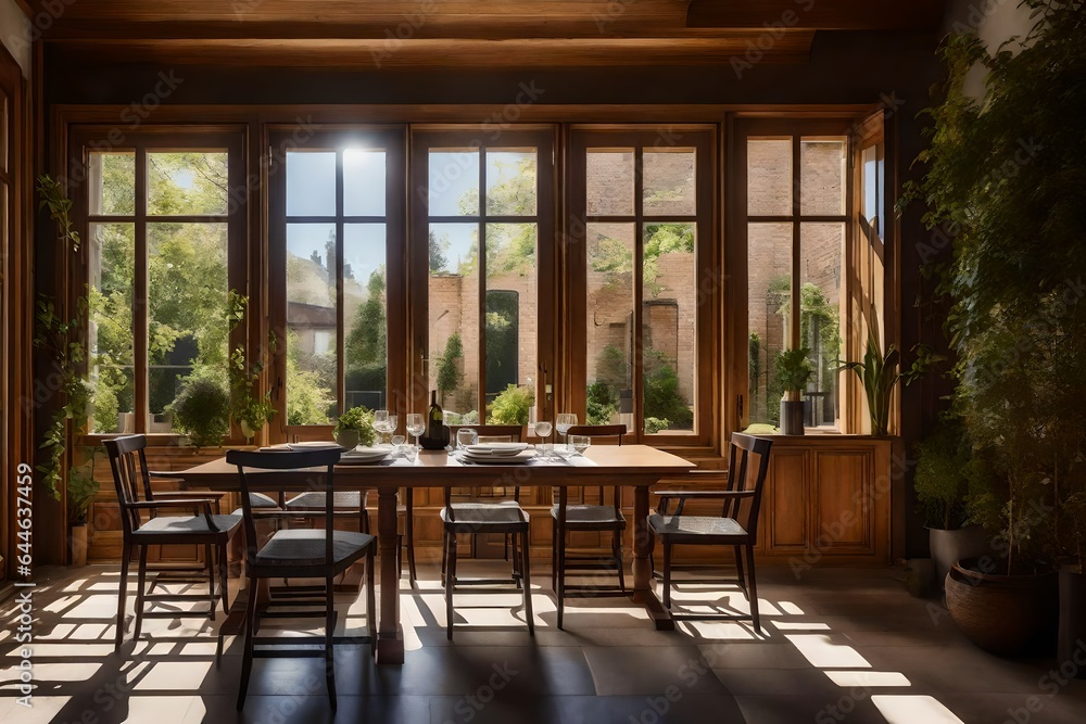 A townhouse's sunlit dining area, with a large window that overlooks a serene courtyard 