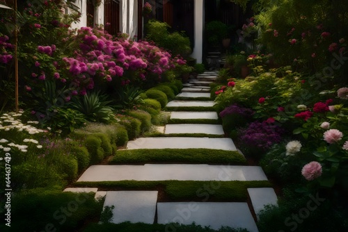 The tranquility of a townhouse's garden path, lined with stepping stones and blooming flowers 